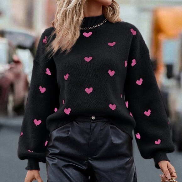 Black Casual Womens Heart Pattern Mock Neck Drop Shoulder Sweater - Picture 2 of 5